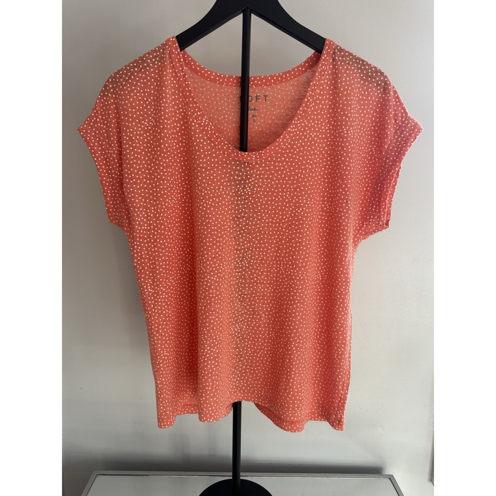 LOFT 100% Linen Polka Dot Tee Women's Sz S Coral Scoop‎ Neck Casual Travel